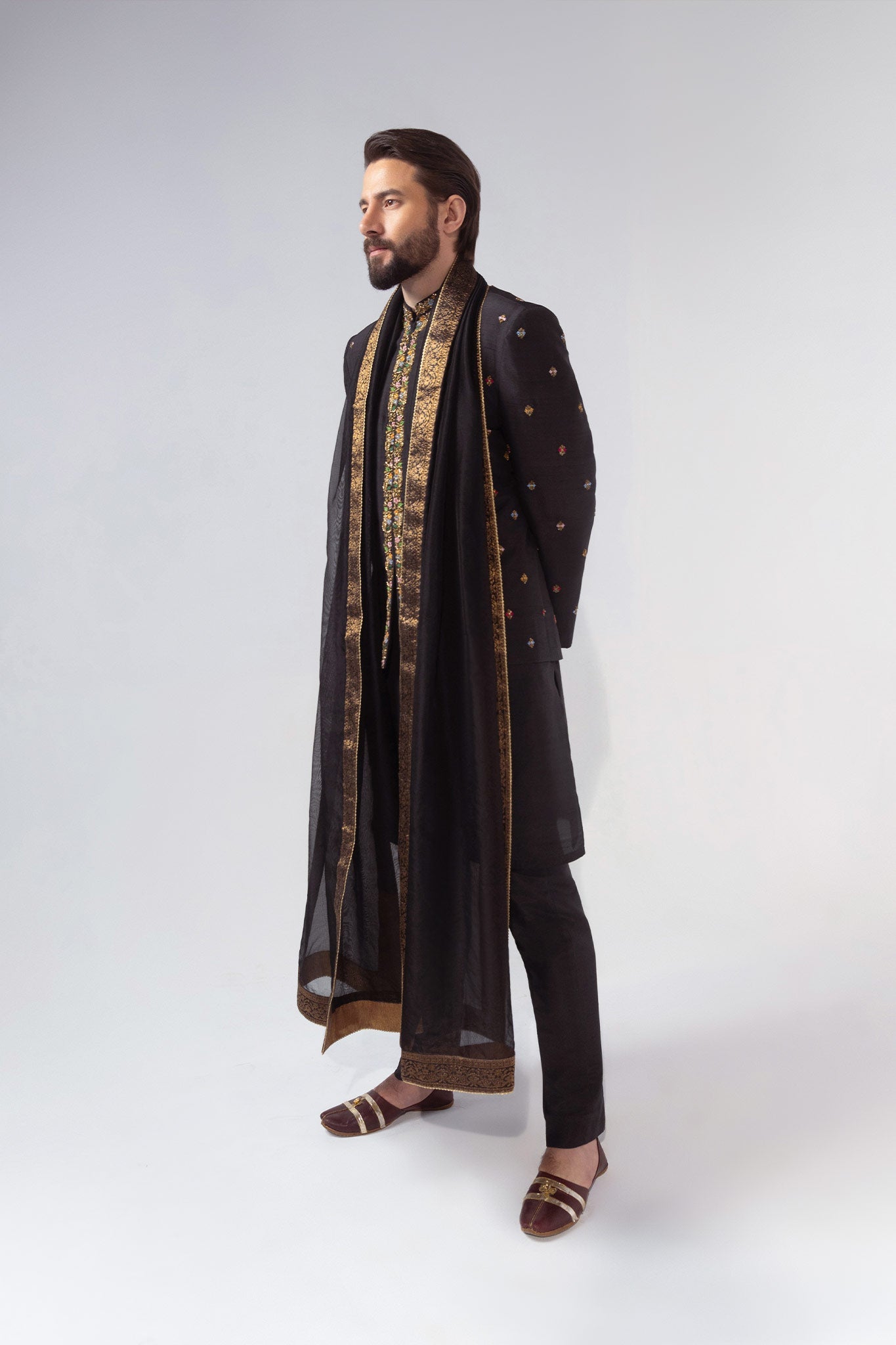 Deep Charcoal Embroidered Silk-Blend Prince Coat (3-Piece) - Image 5