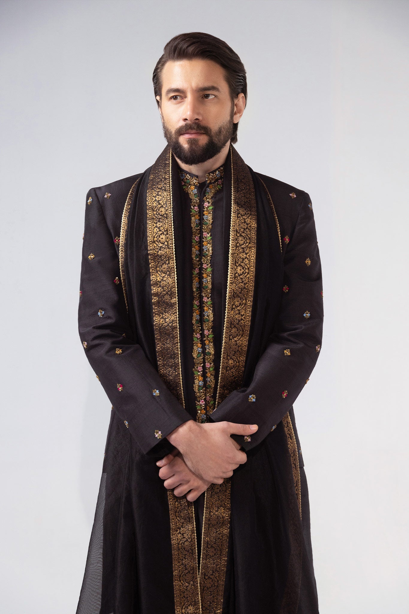 Deep Charcoal Embroidered Silk-Blend Prince Coat (3-Piece) - Image 6