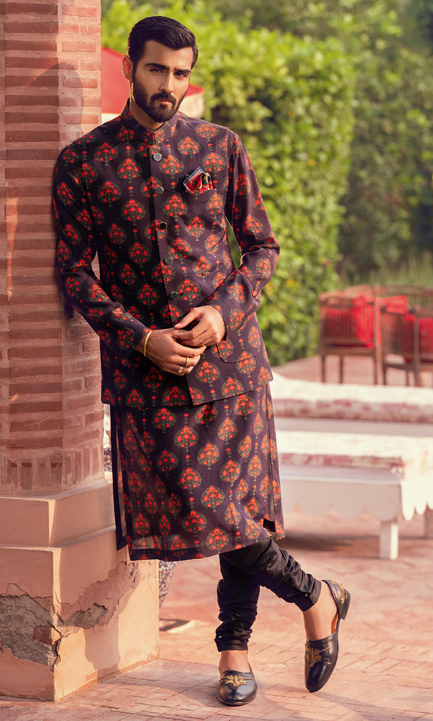 Deep Charcoal Printed Cotton-Silk Waistcoat Kurta (3-Piece) - Image 1