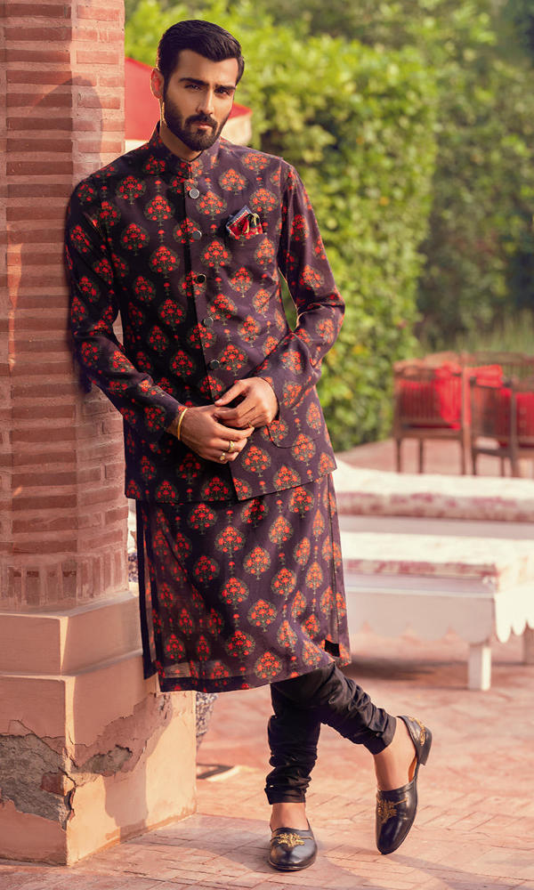 Deep Charcoal Printed Cotton-Silk Waistcoat Kurta (3-Piece) - Image 2