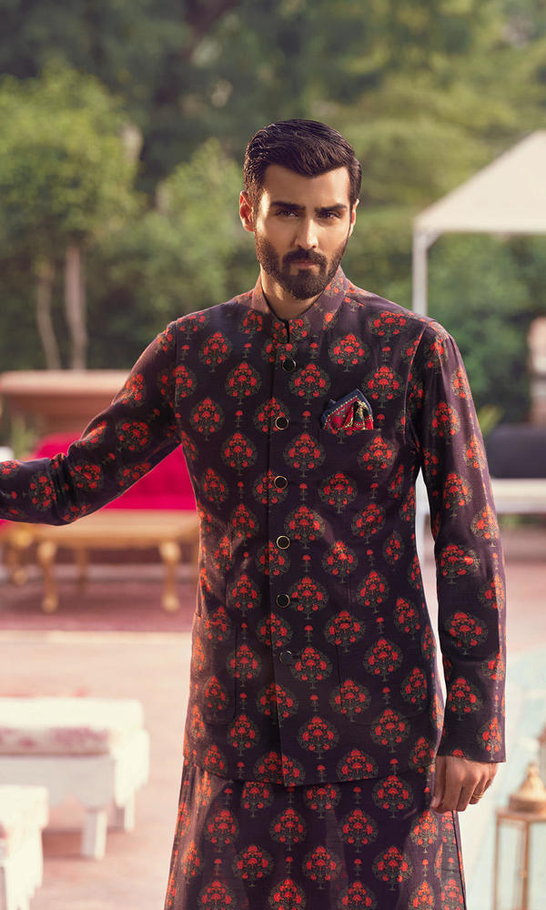 Deep Charcoal Printed Cotton-Silk Waistcoat Kurta (3-Piece) - Image 3