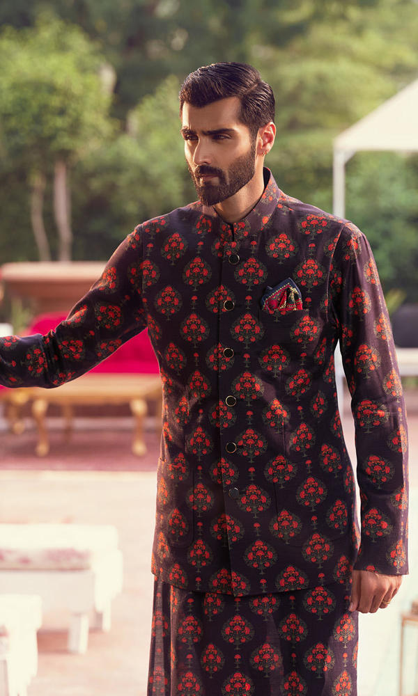 Deep Charcoal Printed Cotton-Silk Waistcoat Kurta (3-Piece) - Image 4