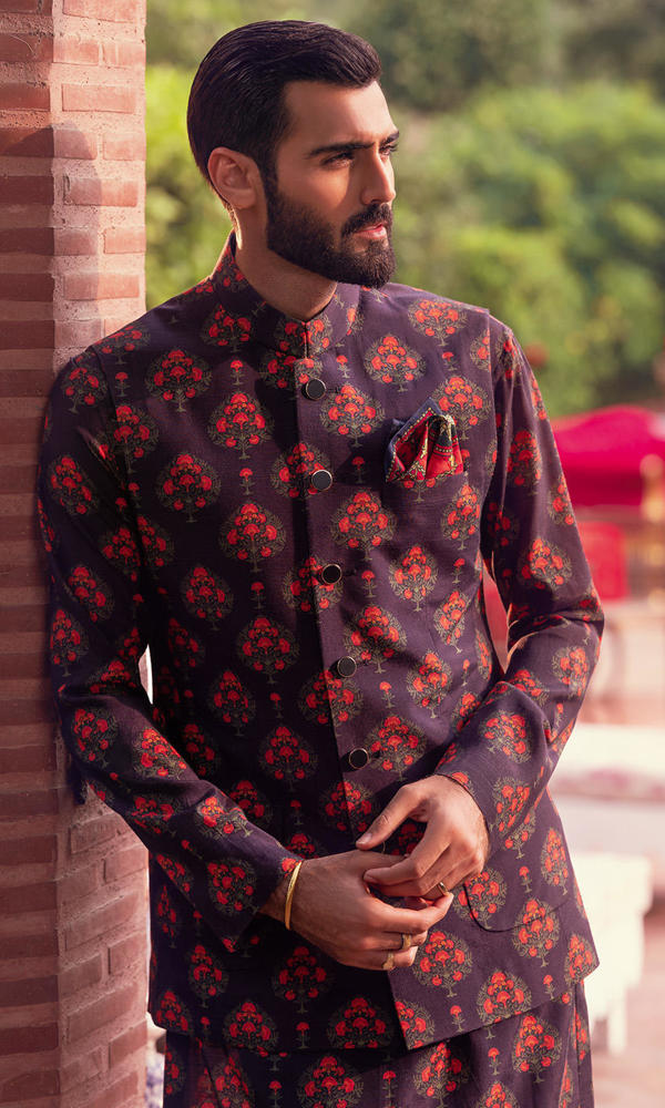 Deep Charcoal Printed Cotton-Silk Waistcoat Kurta (3-Piece) - Image 5