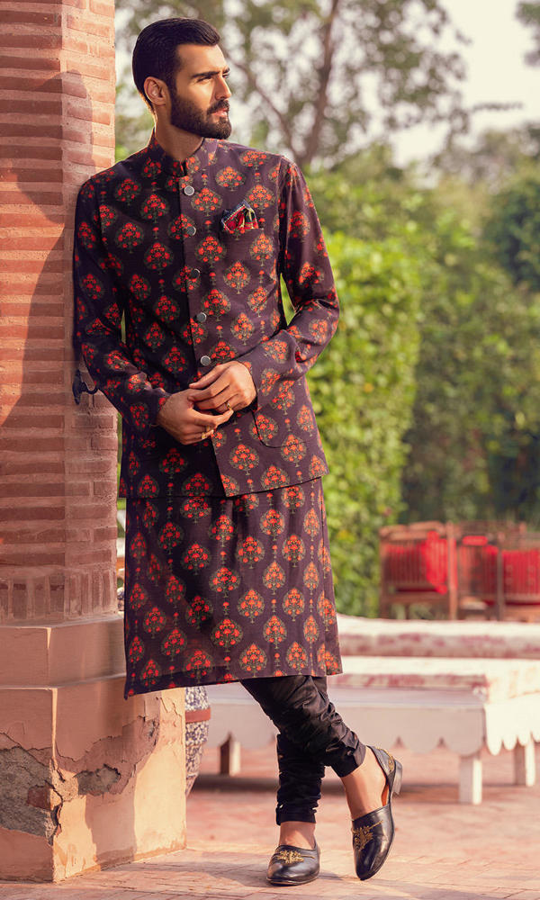 Deep Charcoal Printed Cotton-Silk Waistcoat Kurta (3-Piece) - Image 6