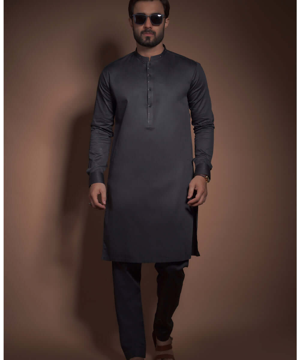 Deep Charcoal Egyptian Cotton-Satin Kurta Pajama (2-Piece) - Image 1