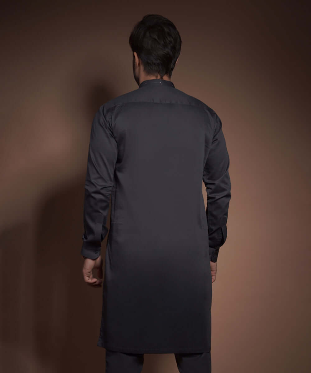 Deep Charcoal Egyptian Cotton-Satin Kurta Pajama (2-Piece) - Image 2