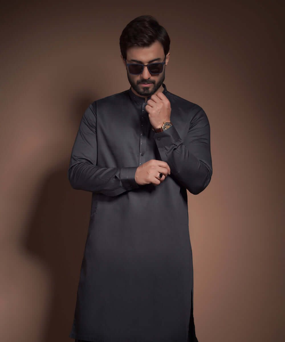 Deep Charcoal Egyptian Cotton-Satin Kurta Pajama (2-Piece) - Image 3