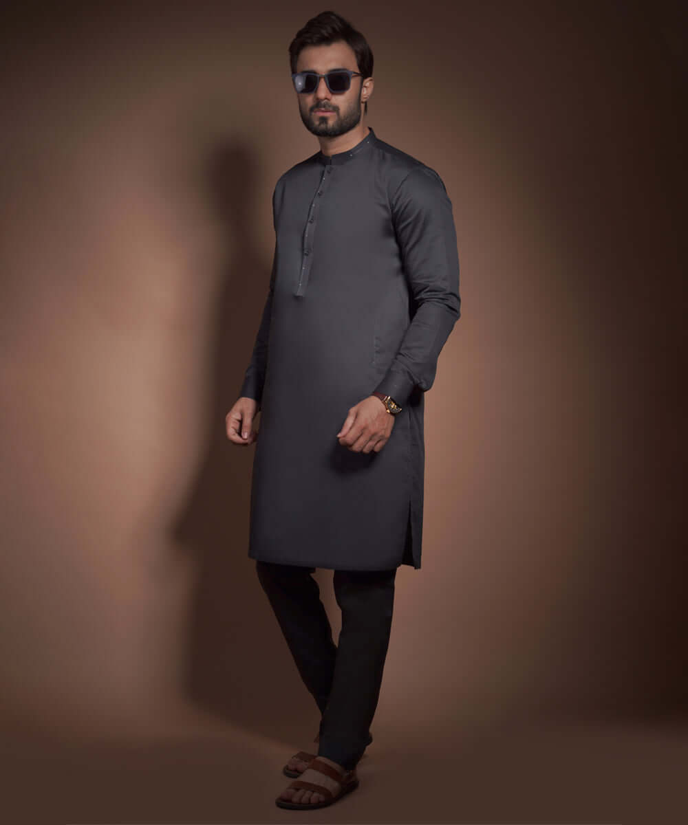 Deep Charcoal Egyptian Cotton-Satin Kurta Pajama (2-Piece) - Image 4