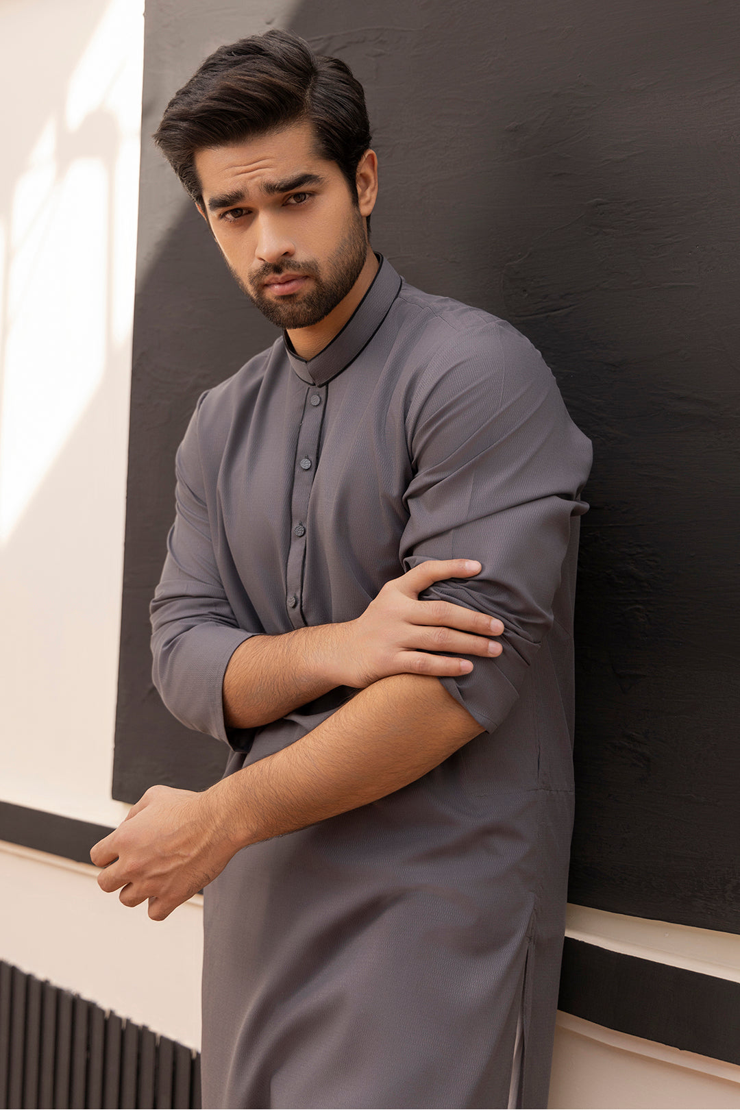 Charcoal Contrast Piping Wash & Wear Kurta (2-Piece) - Image 1