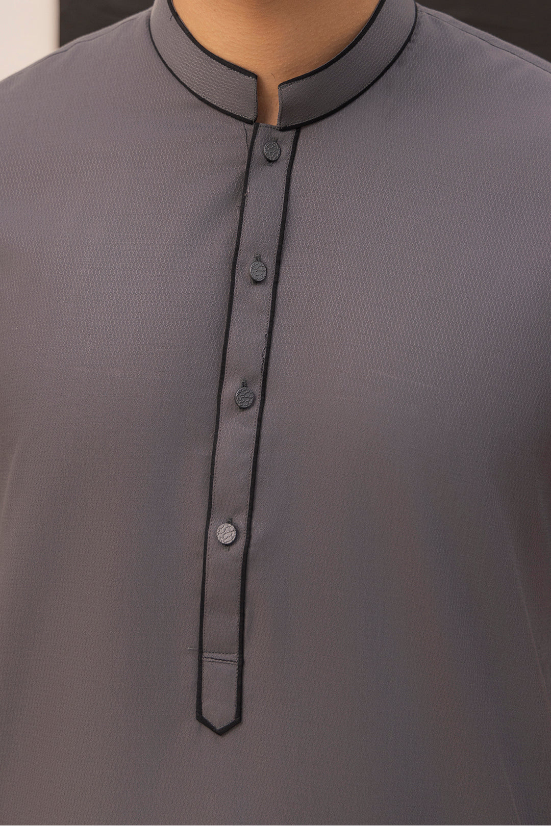 Charcoal Contrast Piping Wash & Wear Kurta (2-Piece) - Image 2