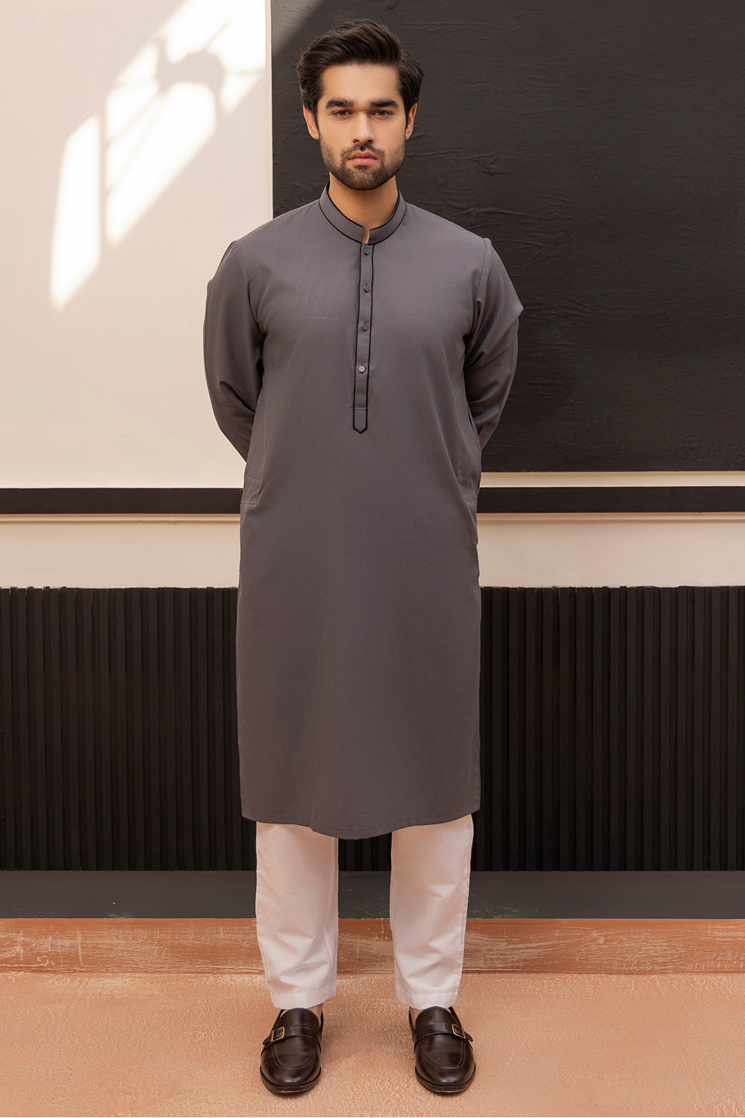 Charcoal Contrast Piping Wash & Wear Kurta (2-Piece) - Image 3