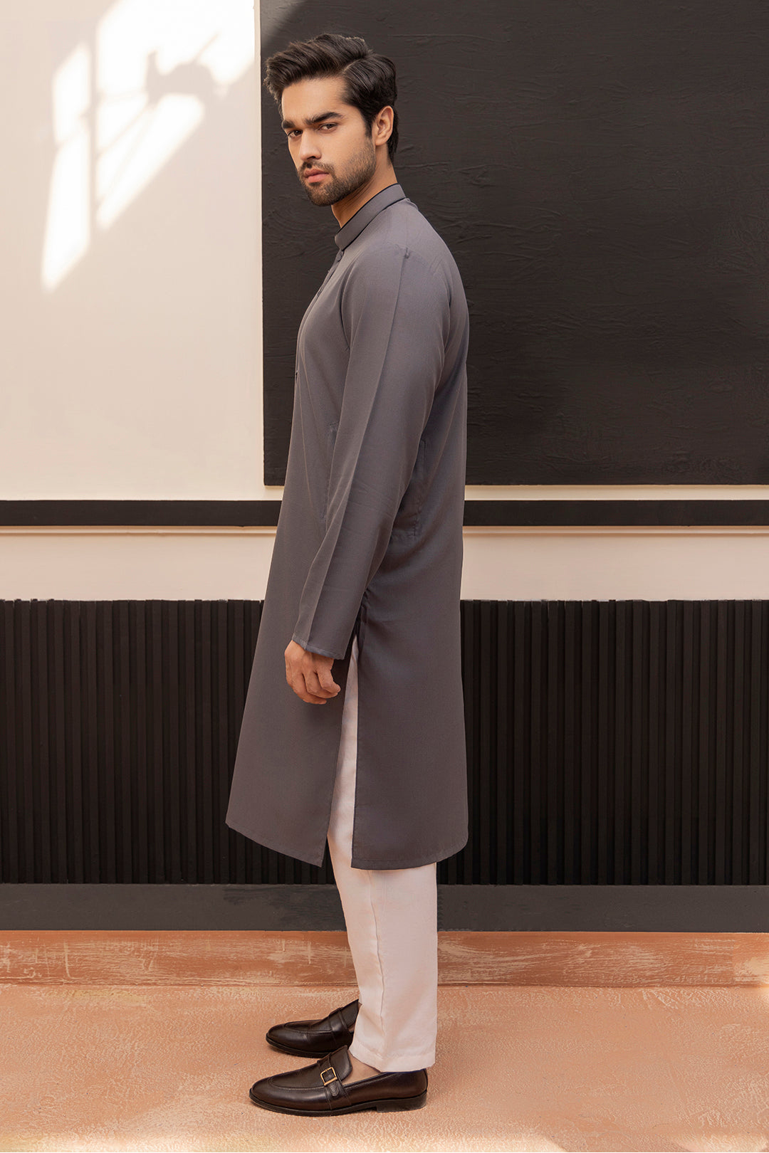 Charcoal Contrast Piping Wash & Wear Kurta (2-Piece) - Image 4