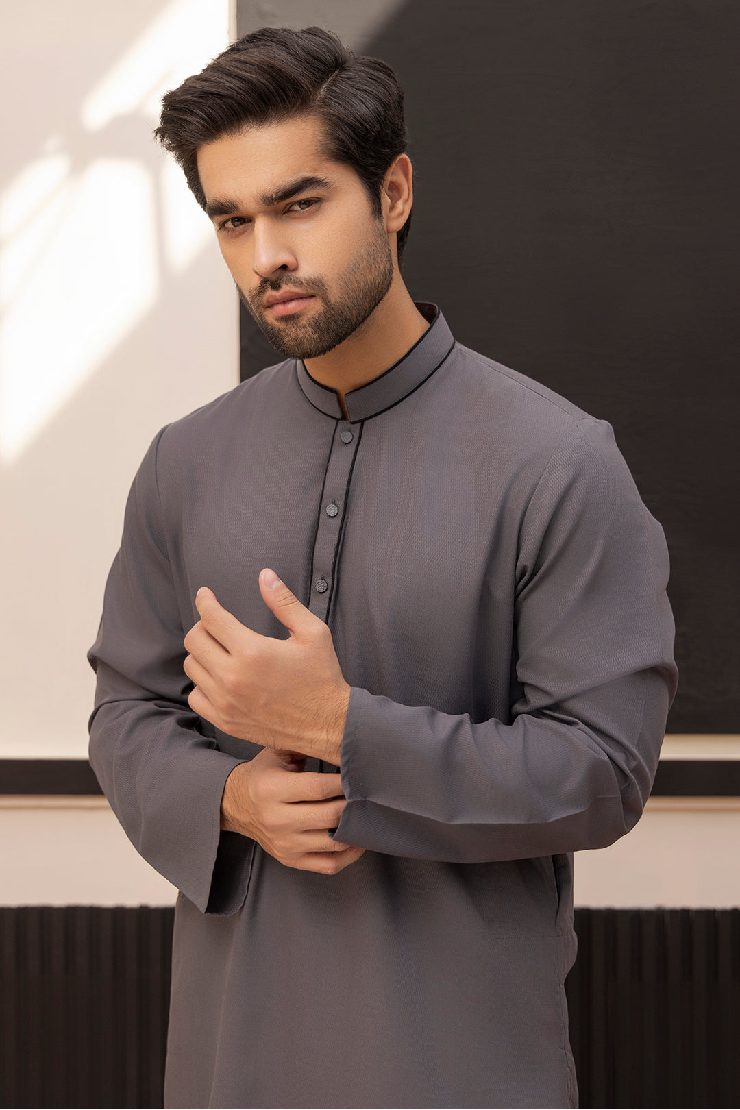 Charcoal Contrast Piping Wash & Wear Kurta (2-Piece) - Image 5