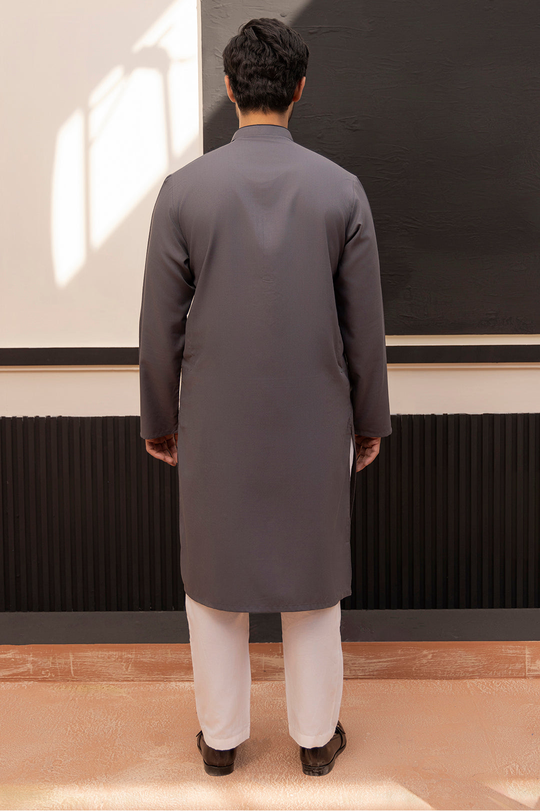 Charcoal Contrast Piping Wash & Wear Kurta (2-Piece) - Image 6