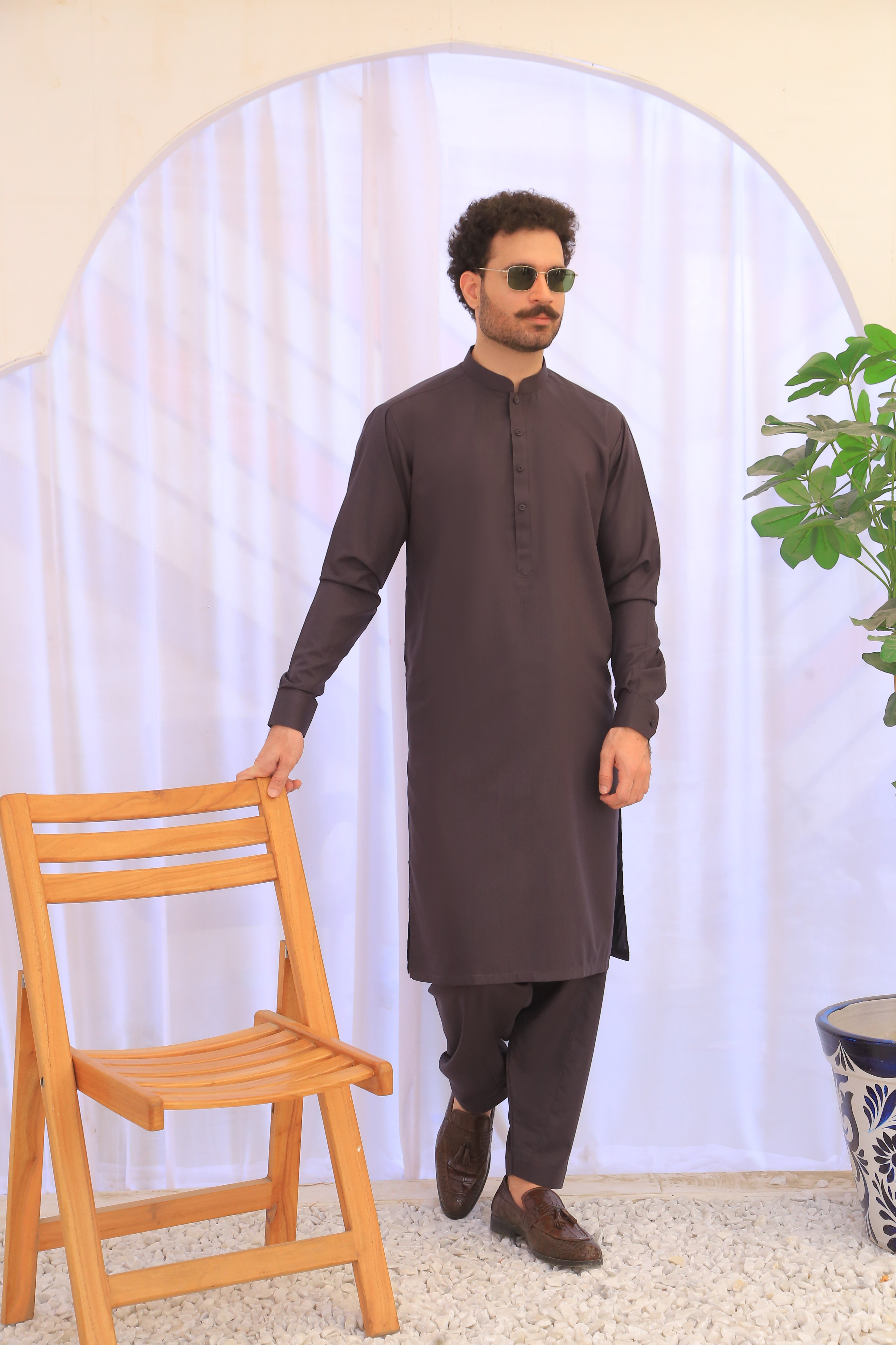 Deep Charcoal Plain Cotton-Polyester Shalwar Kameez (2-Piece) - Image 1