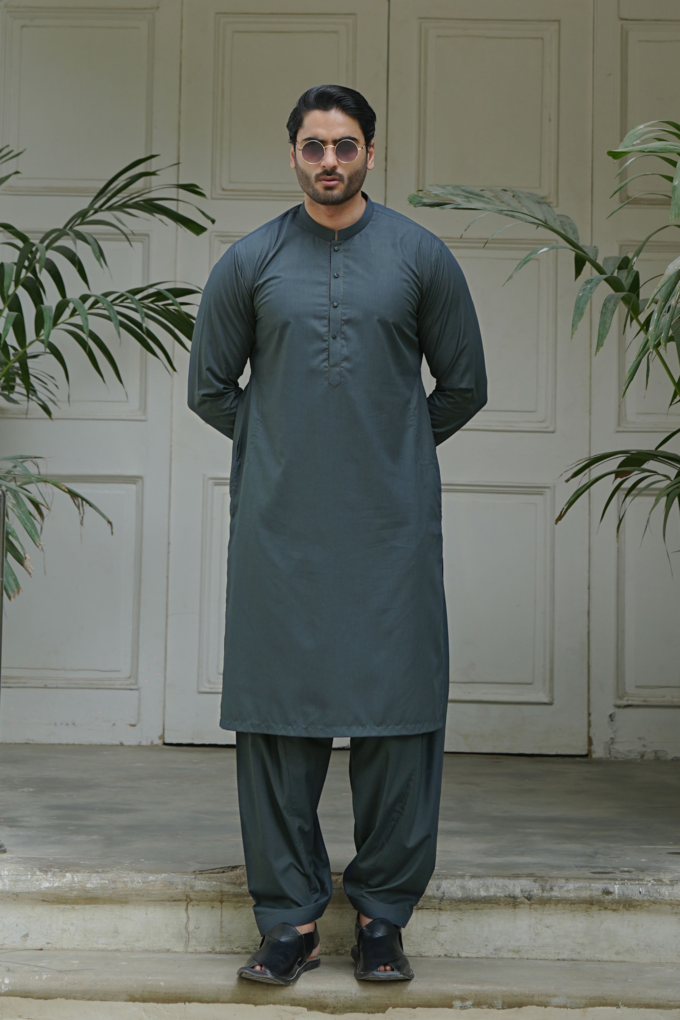 Charcoal Tonal-Stitched Wash & Wear Shalwar Kameez (2-Piece) - Image 1