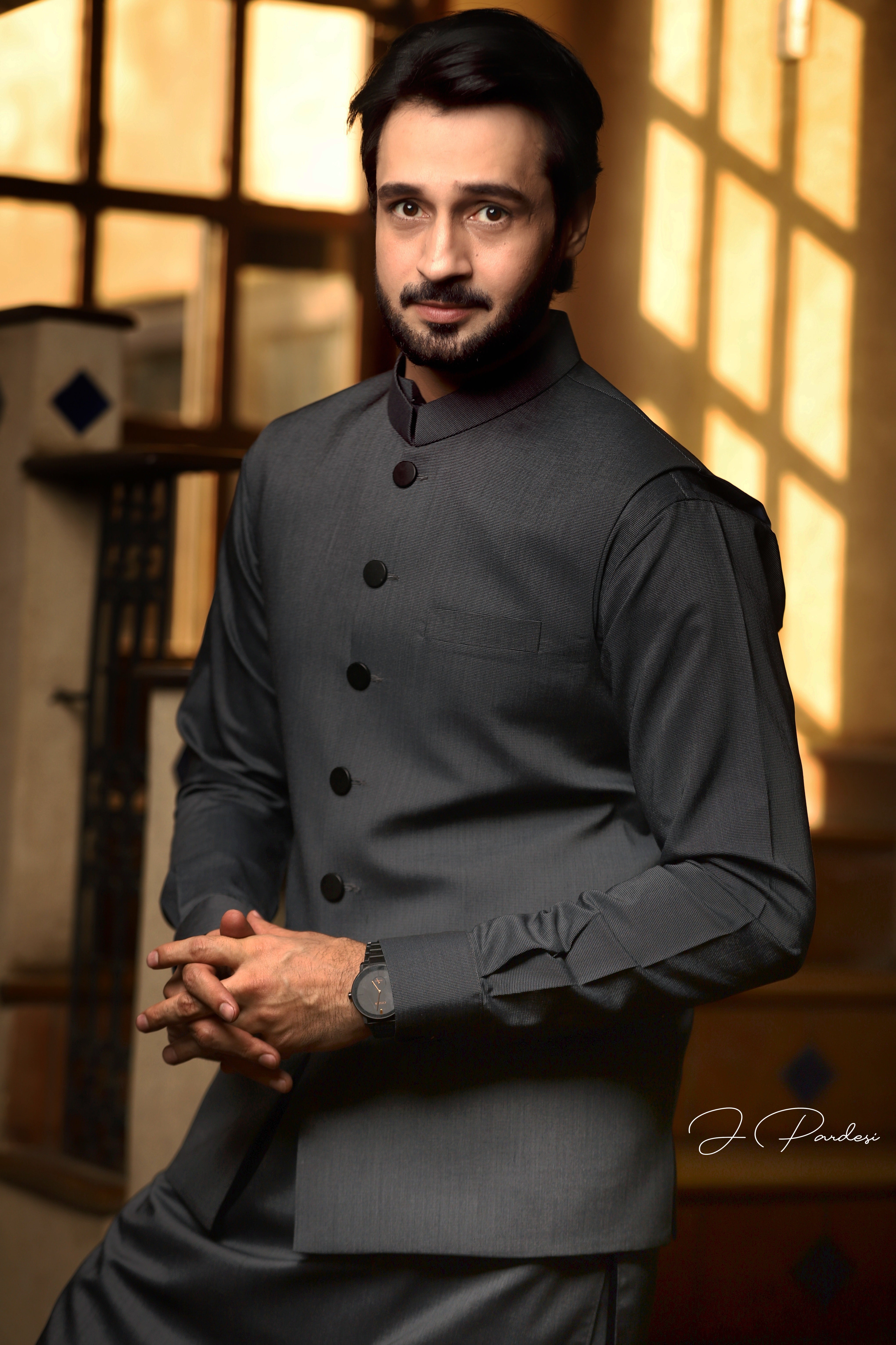 Charcoal Cotton Waistcoat Kurta Set (3-Piece) - Image 1