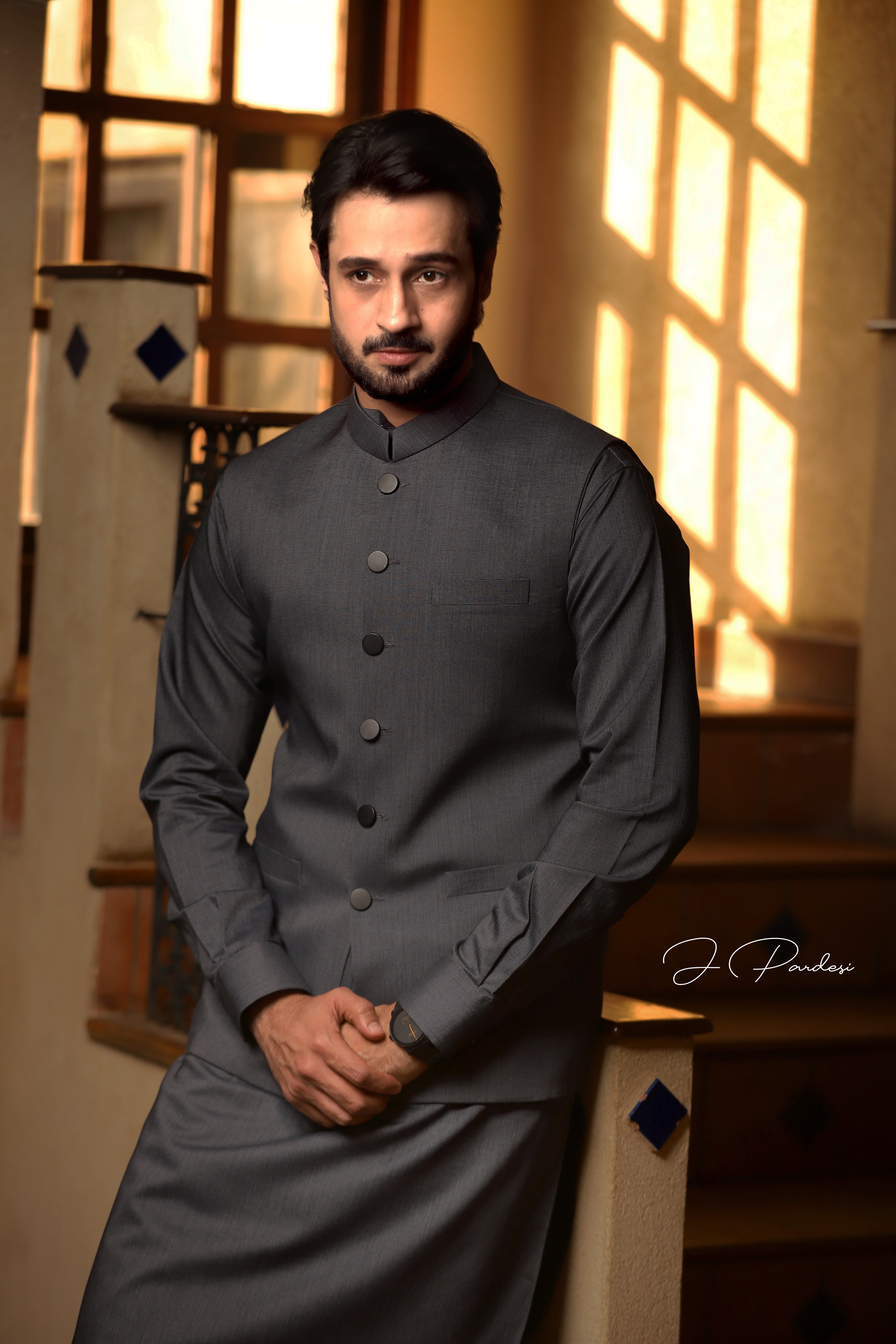 Charcoal Cotton Waistcoat Kurta Set (3-Piece) - Image 2