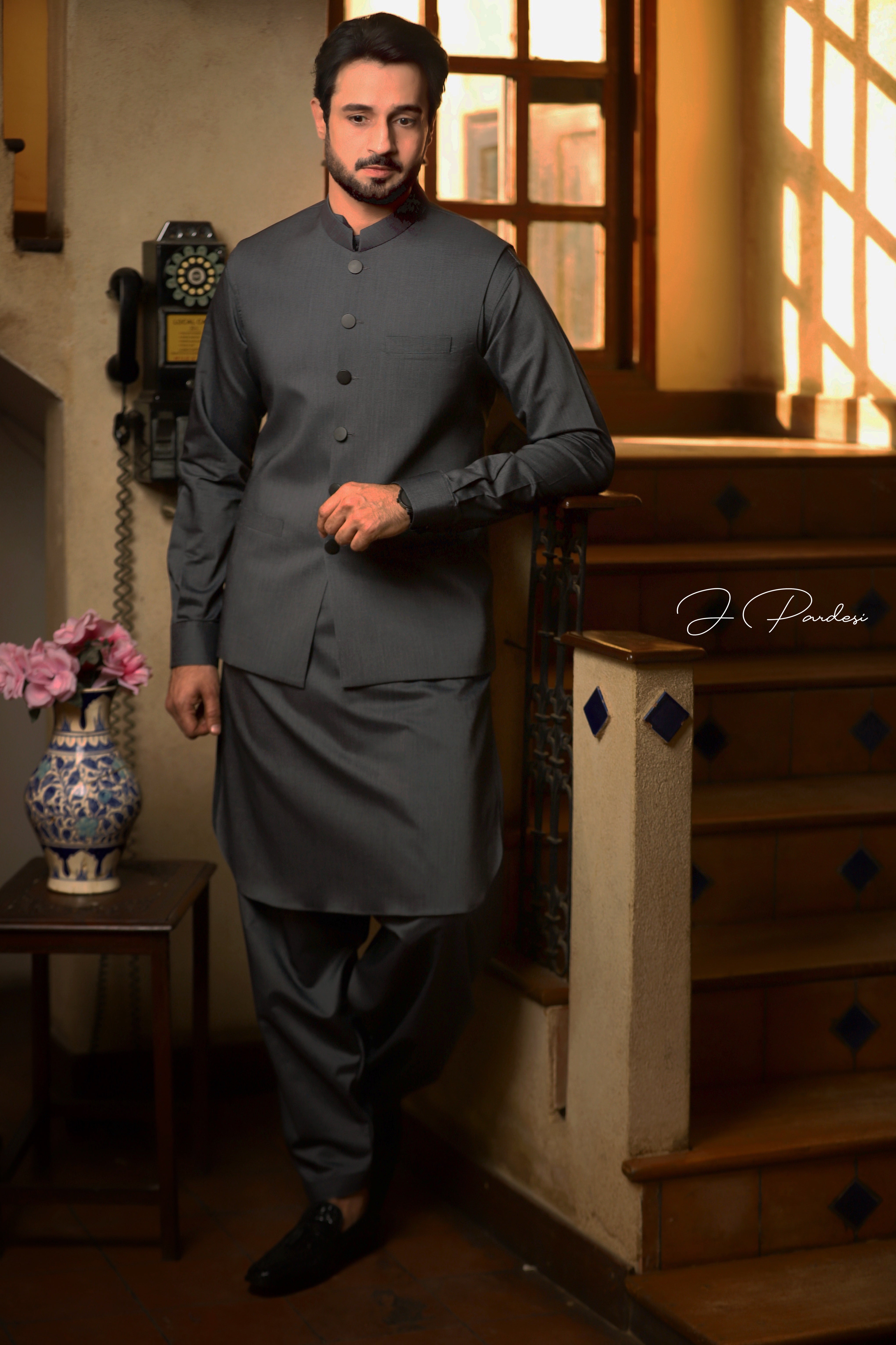Charcoal Cotton Waistcoat Kurta Set (3-Piece) - Image 3