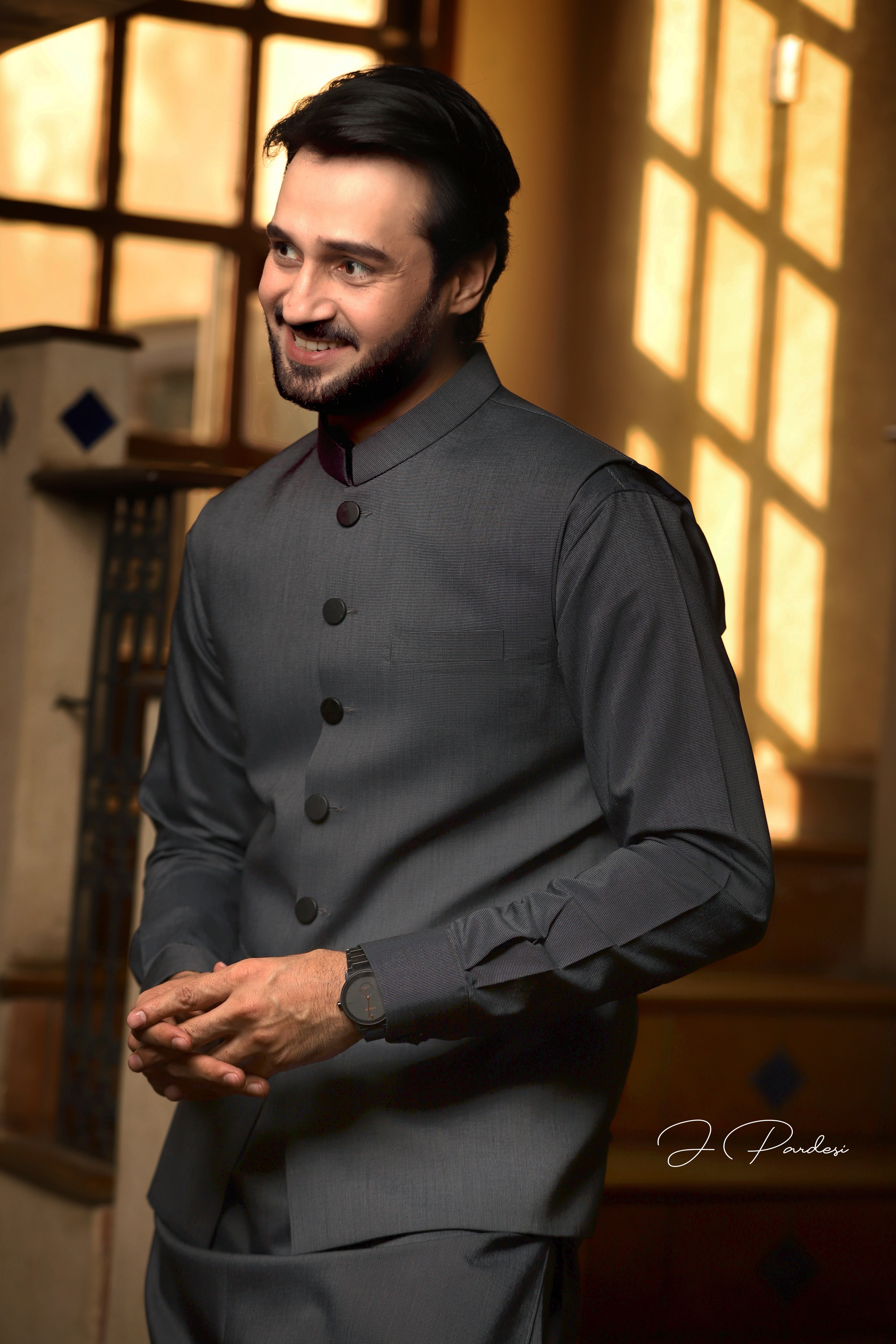 Charcoal Cotton Waistcoat Kurta Set (3-Piece) - Image 4