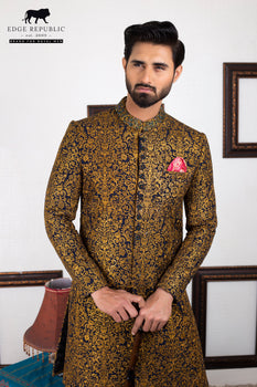 Bluish Copper Embroidered Jacquard Sherwani (2-Piece) - Image 1