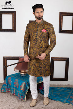 Bluish Copper Embroidered Jacquard Sherwani (2-Piece) - Image 2