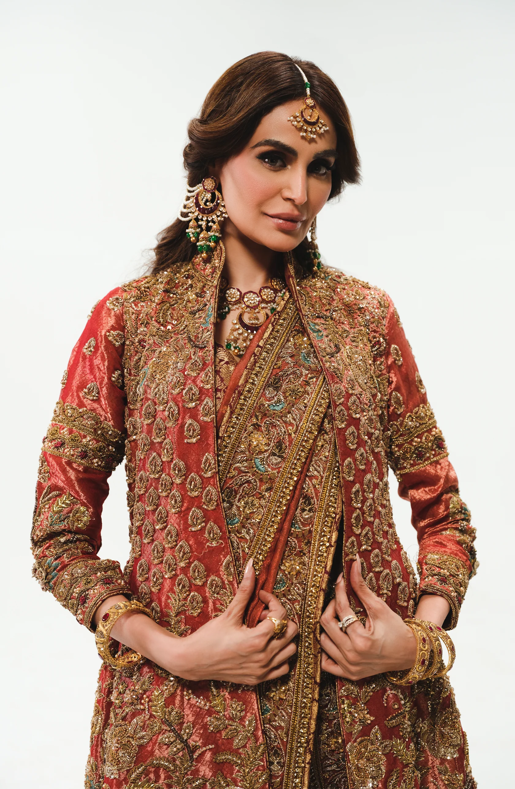 Pakistani Copper-Rust Embellished Tissue Bridal Jacket Gown (3-Piece) - Image 1