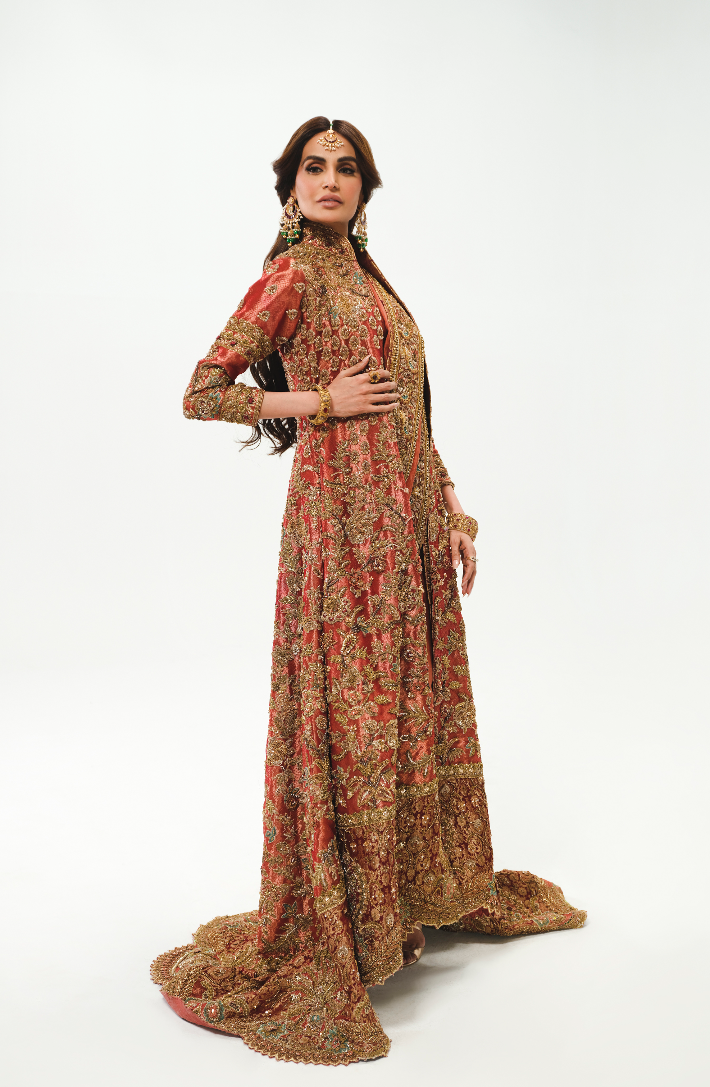 Pakistani Copper-Rust Embellished Tissue Bridal Jacket Gown (3-Piece) - Image 2