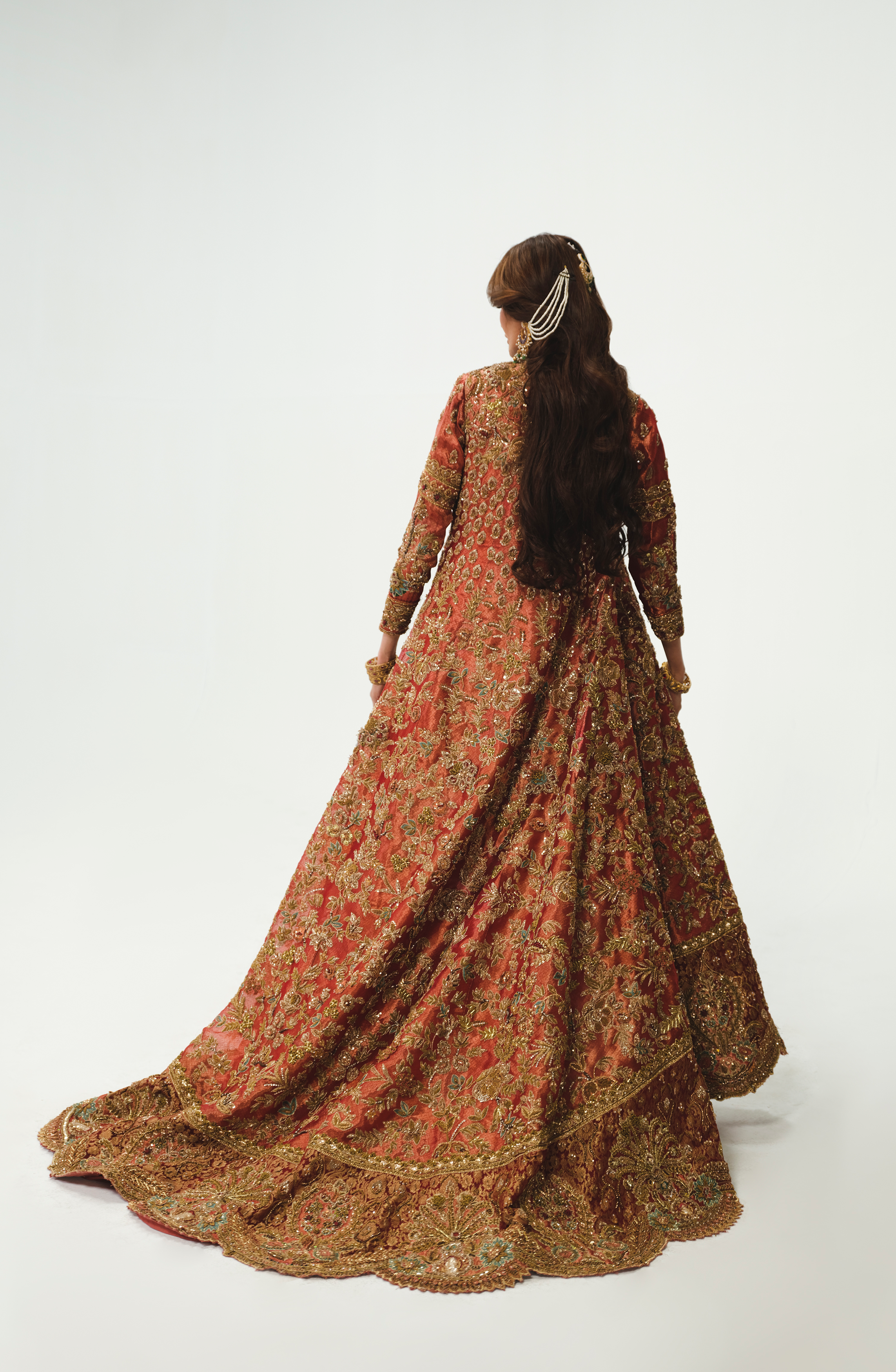 Pakistani Copper-Rust Embellished Tissue Bridal Jacket Gown (3-Piece) - Image 3