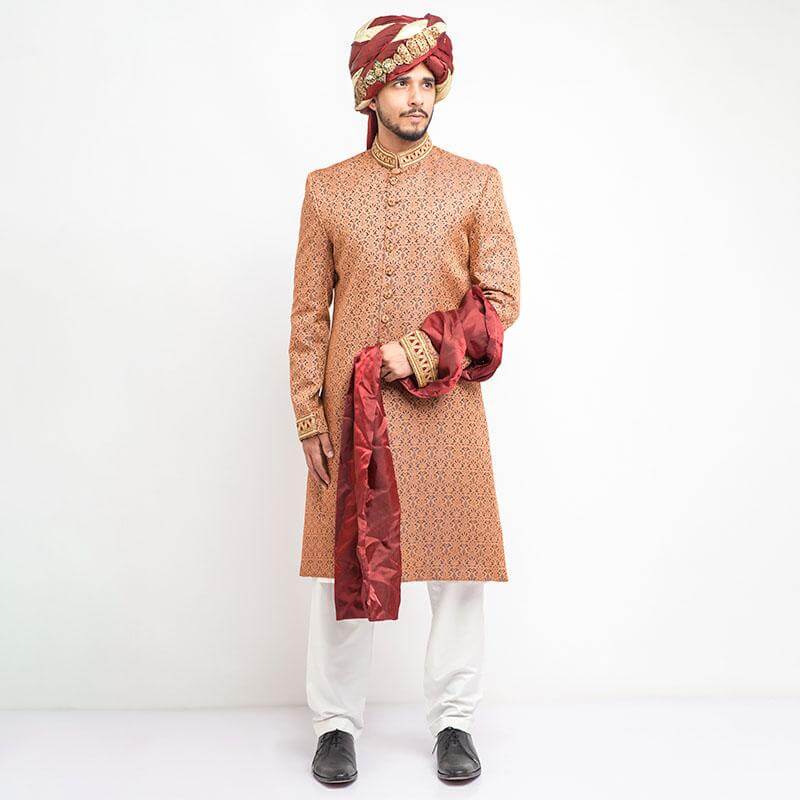 Light Copper & Grey Zardozi Jamavar Sherwani (4-Piece) - Image 1
