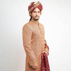 Light Copper & Grey Zardozi Jamavar Sherwani (4-Piece) - Image 3