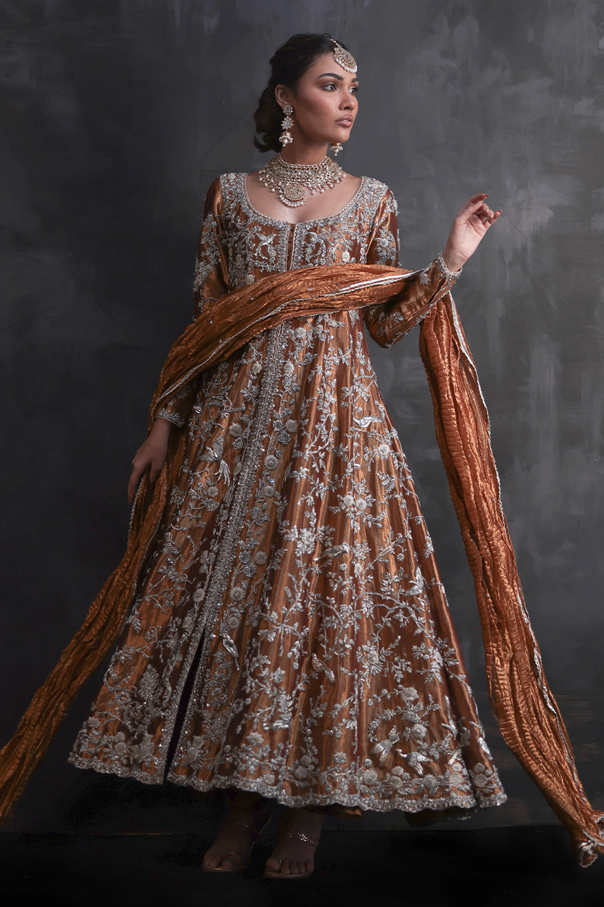 Pakistani Hammered Copper Zardozi Pure Silk Pishwas (3-Piece) - Image 1