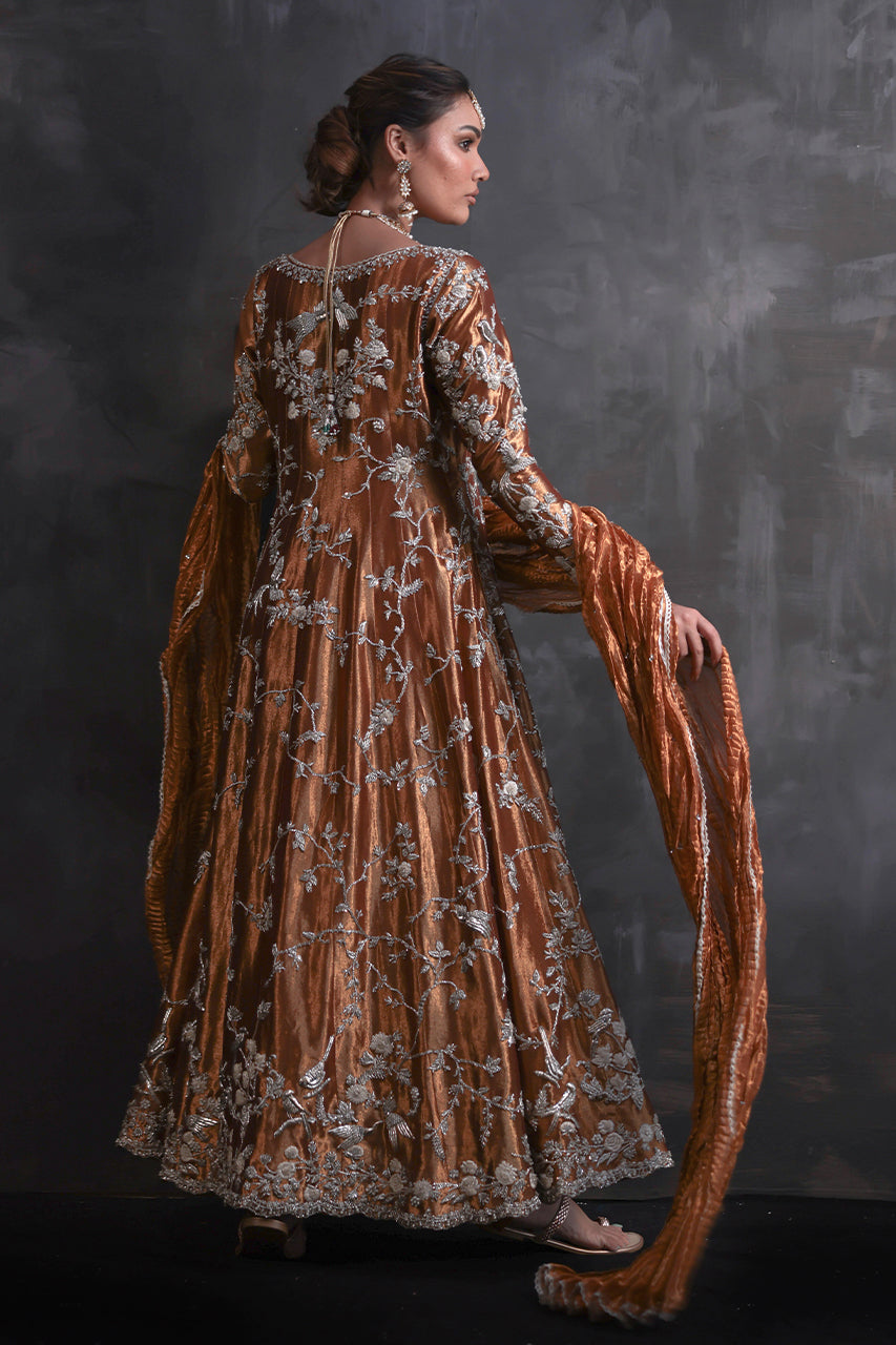 Pakistani Hammered Copper Zardozi Pure Silk Pishwas (3-Piece) - Image 2