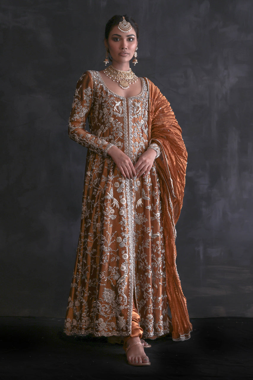 Pakistani Hammered Copper Zardozi Pure Silk Pishwas (3-Piece) - Image 3