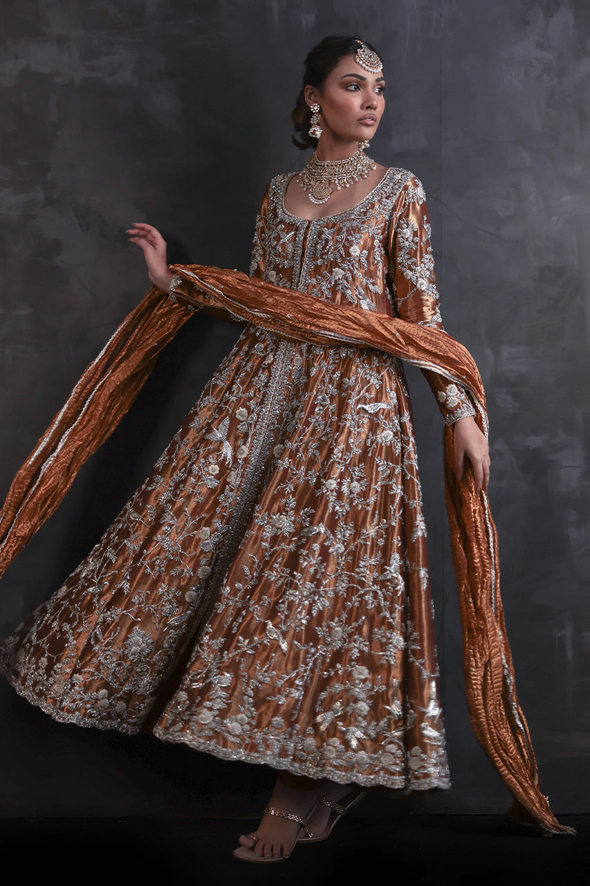 Pakistani Hammered Copper Zardozi Pure Silk Pishwas (3-Piece) - Image 4