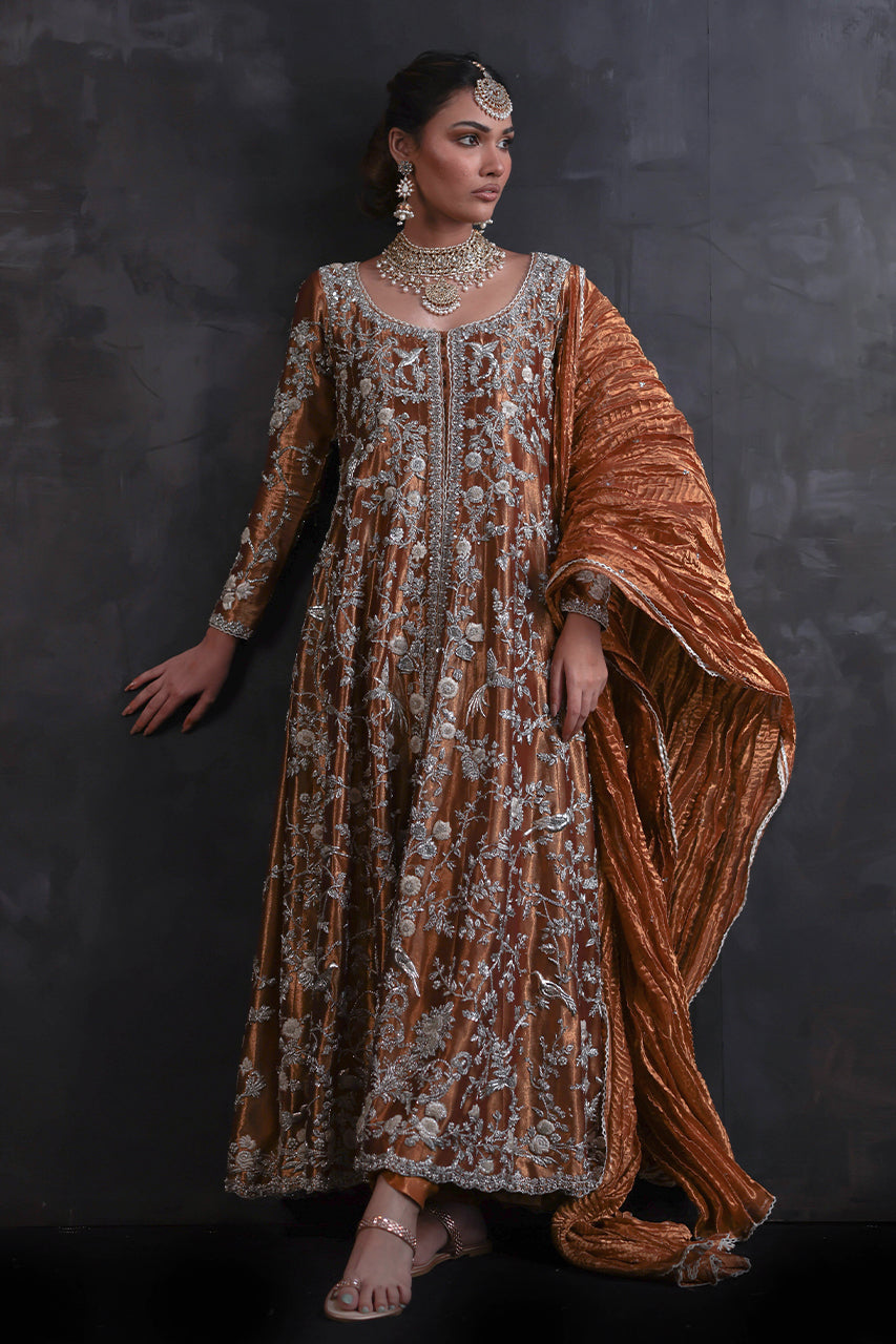 Pakistani Hammered Copper Zardozi Pure Silk Pishwas (3-Piece) - Image 5