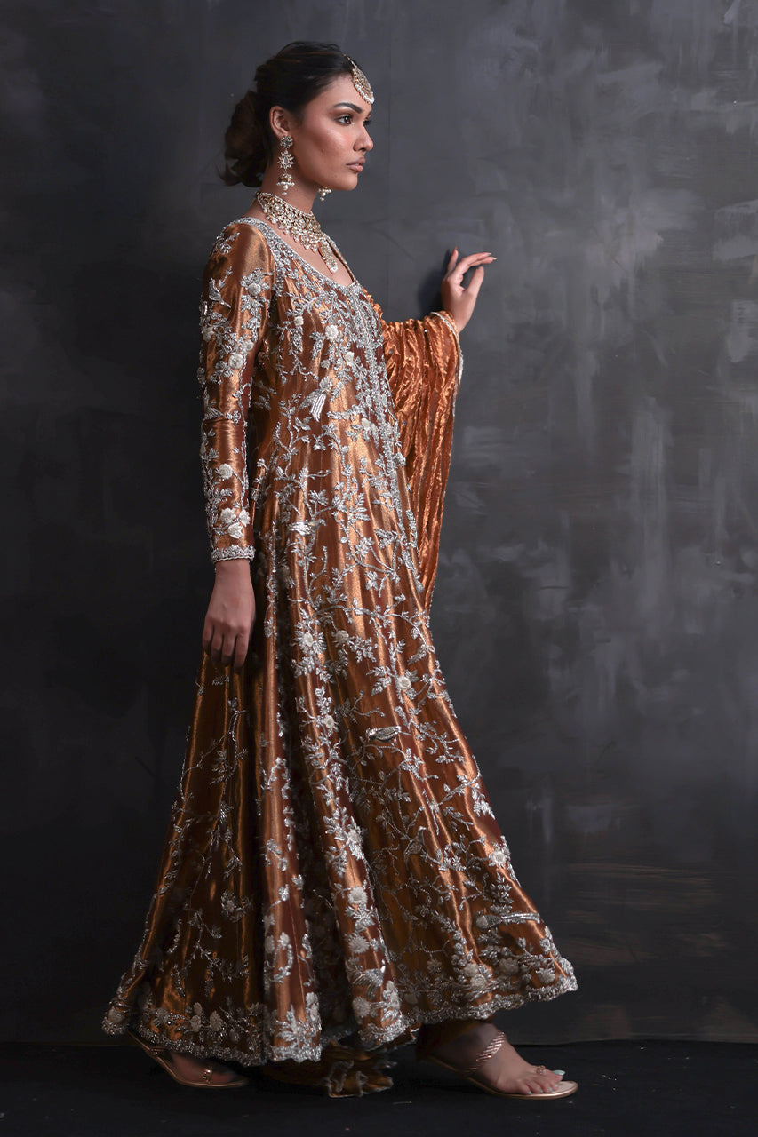 Pakistani Hammered Copper Zardozi Pure Silk Pishwas (3-Piece) - Image 6