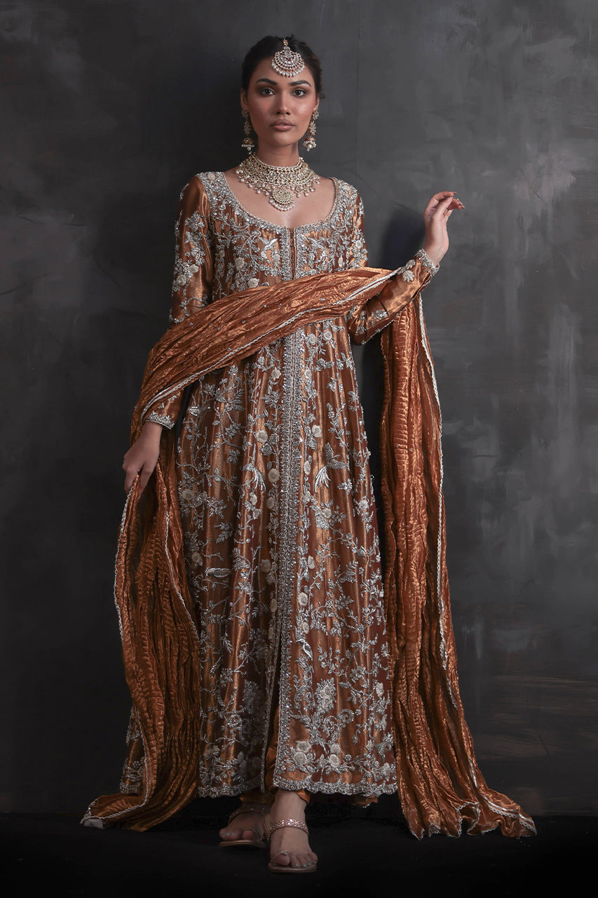 Pakistani Hammered Copper Zardozi Pure Silk Pishwas (3-Piece) - Image 8