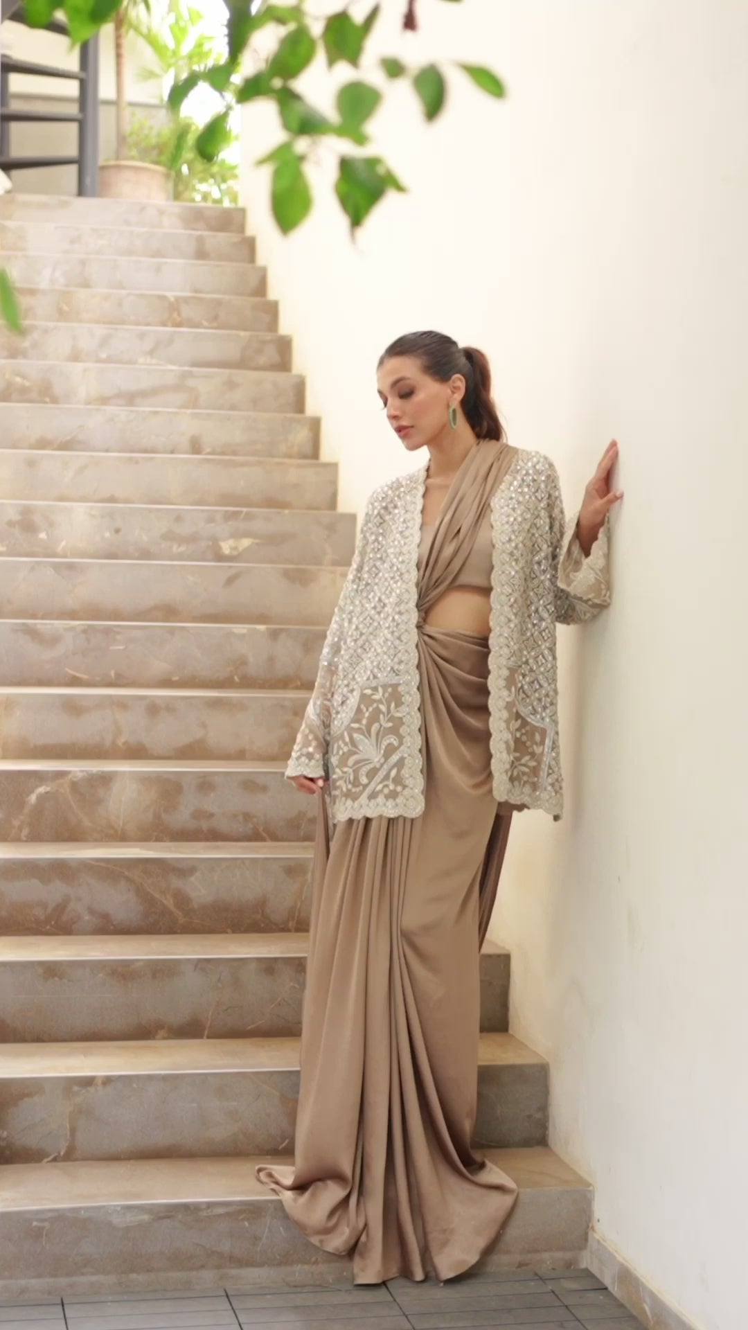 Antique Copper Embroidered Charmeuse Saree (2-Piece) - Image 10