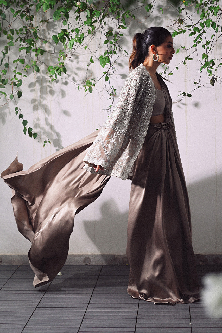 Antique Copper Embroidered Charmeuse Saree (2-Piece) - Image 8