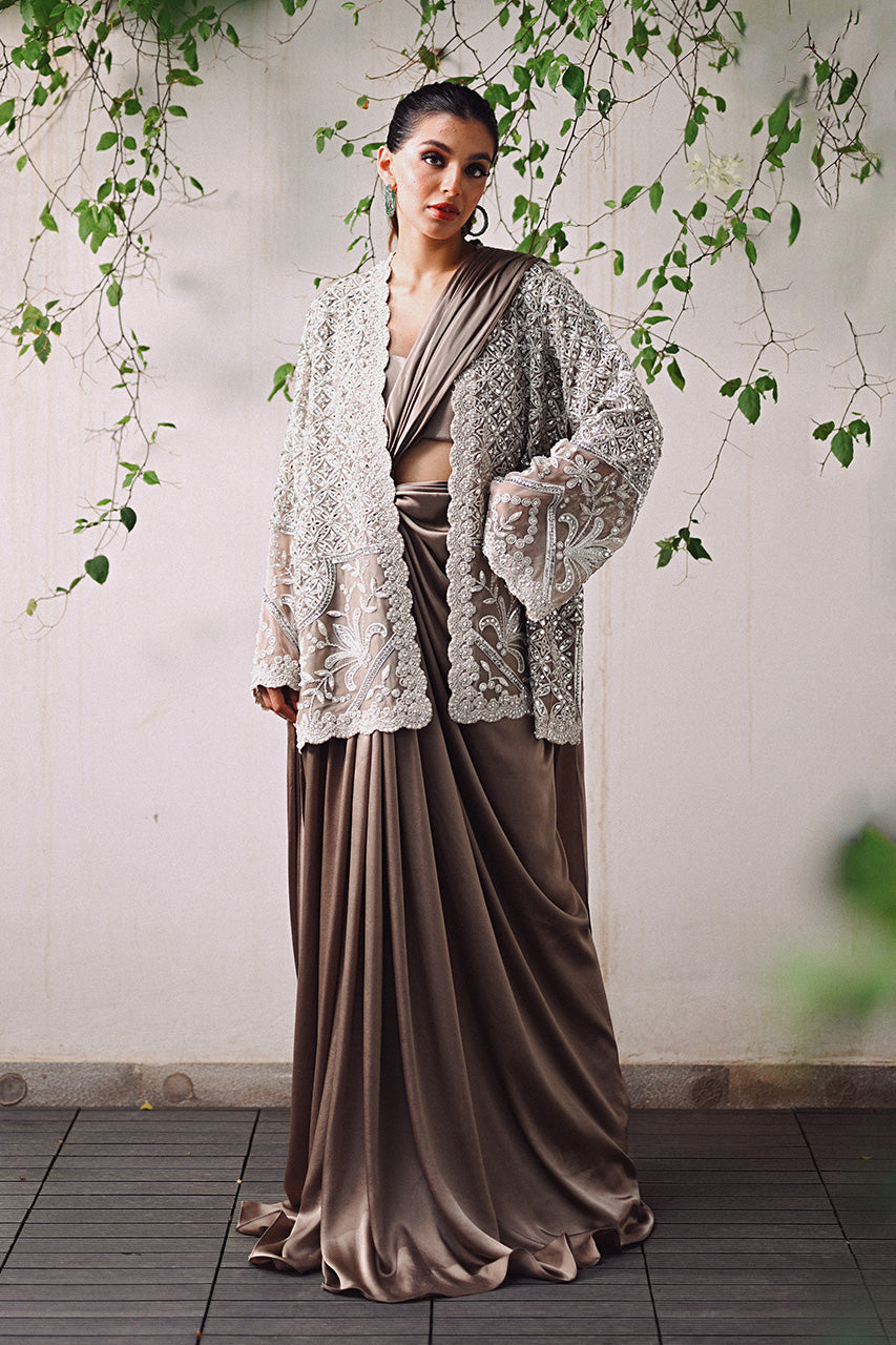 Pakistani Antique Copper Embroidered Charmeuse Saree (3-Piece) - Image 1