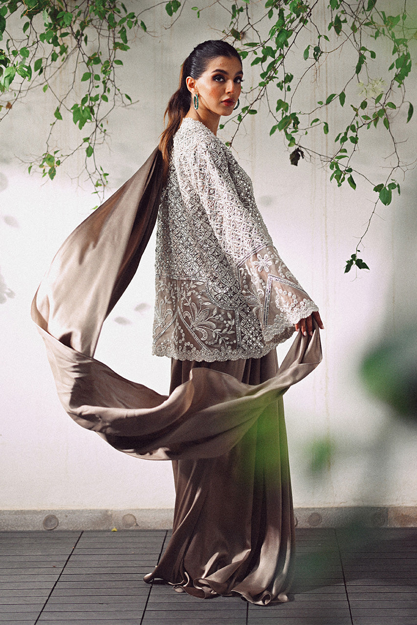 Pakistani Antique Copper Embroidered Charmeuse Saree (3-Piece) - Image 7