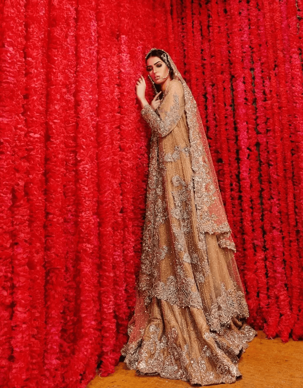 Pakistani Light Coral Embellished Net Bridal Gown (2-Piece) - Image 2