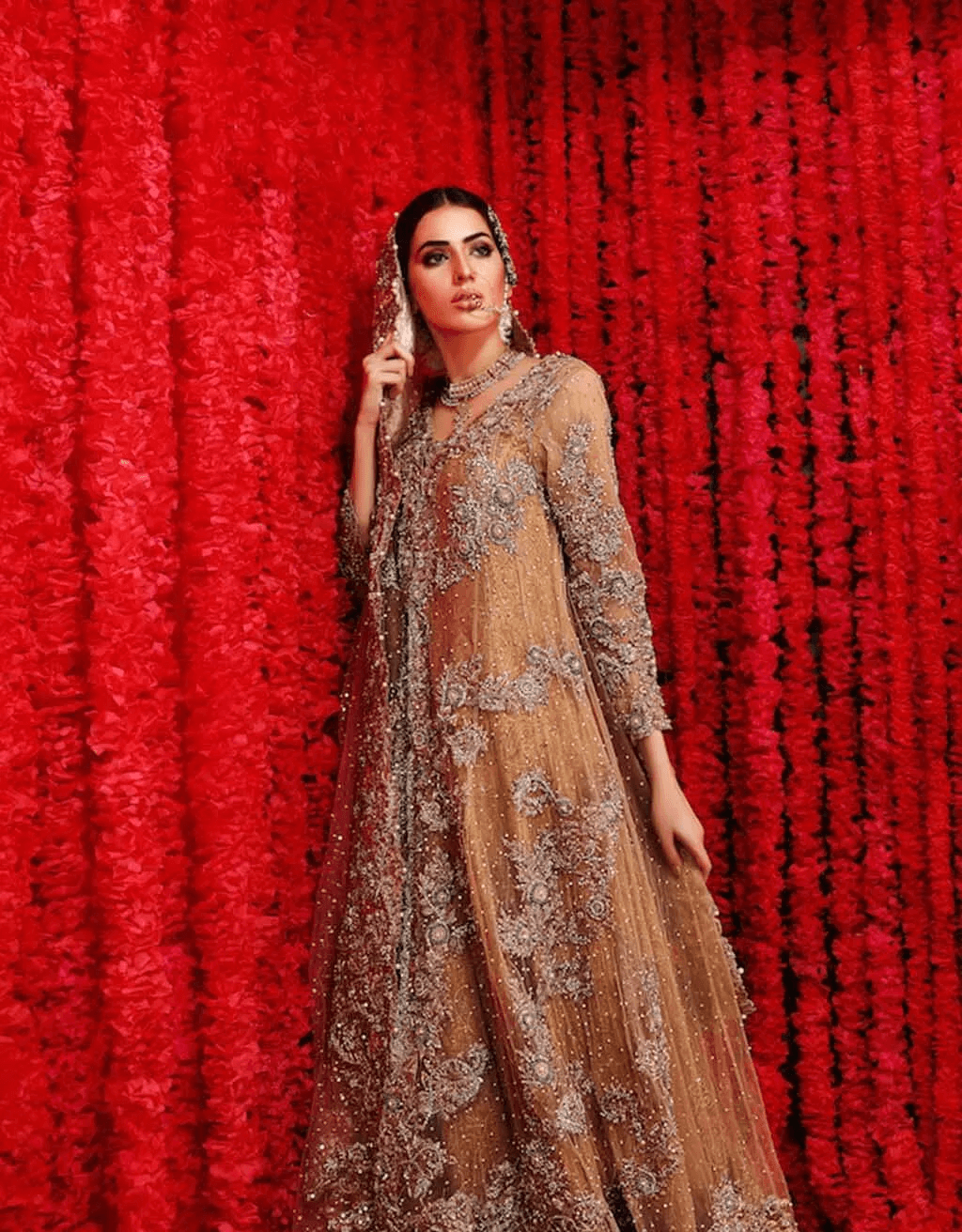 Pakistani Light Coral Embellished Net Bridal Gown (2-Piece) - Image 3