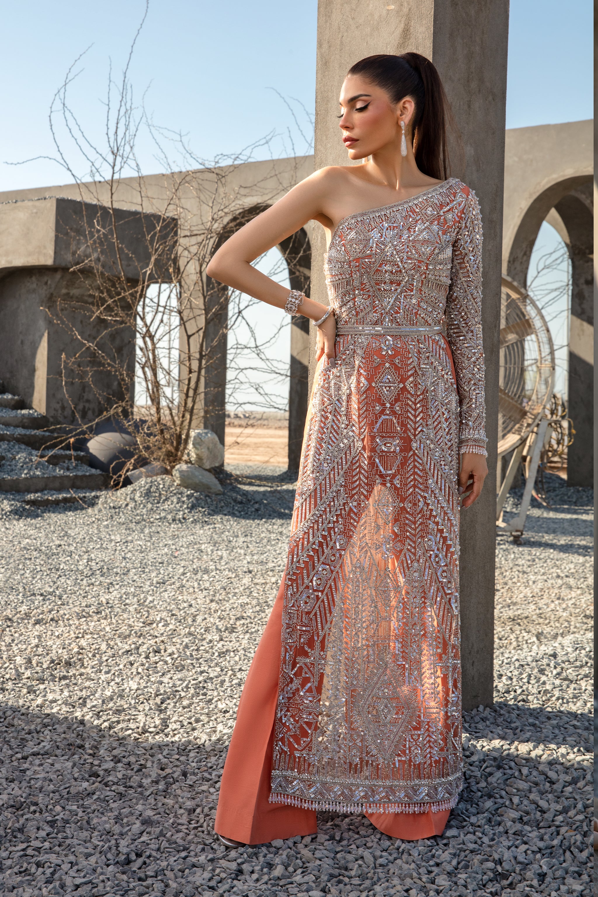 Coral Embellished Net and Raw Silk Gown (2-Piece) - Image 1