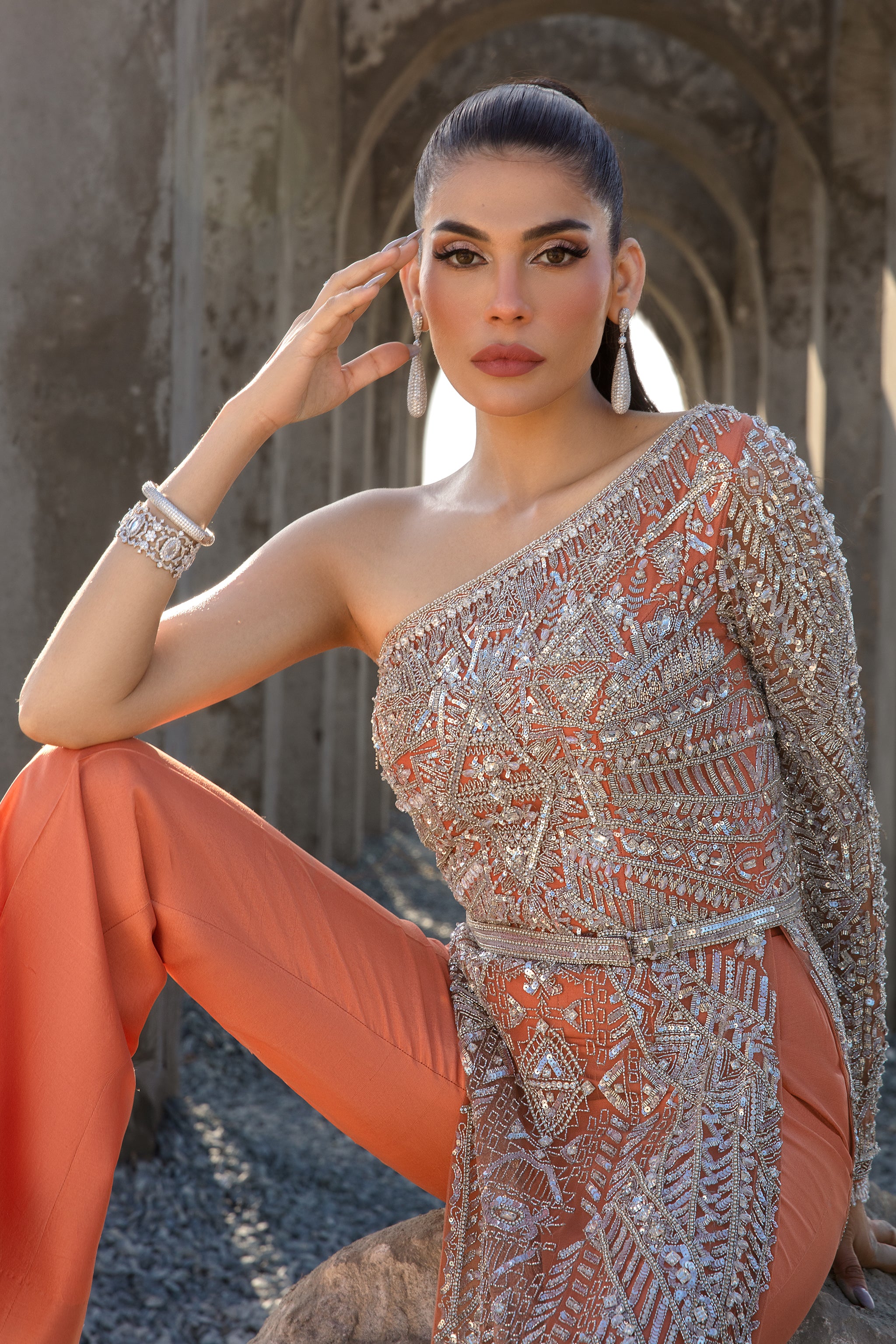Coral Embellished Net and Raw Silk Gown (2-Piece) - Image 2