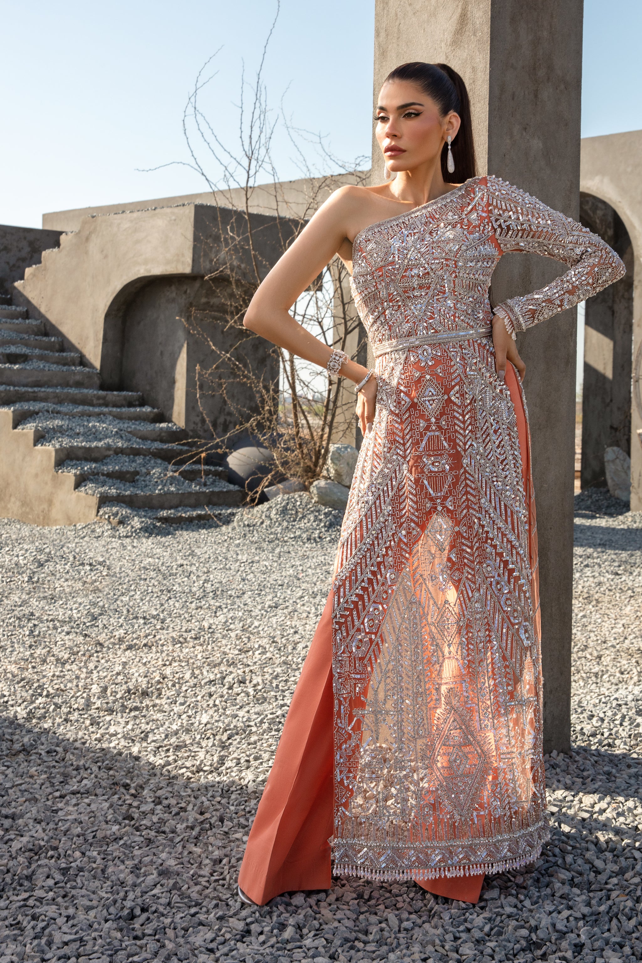 Coral Embellished Net and Raw Silk Gown (2-Piece) - Image 4