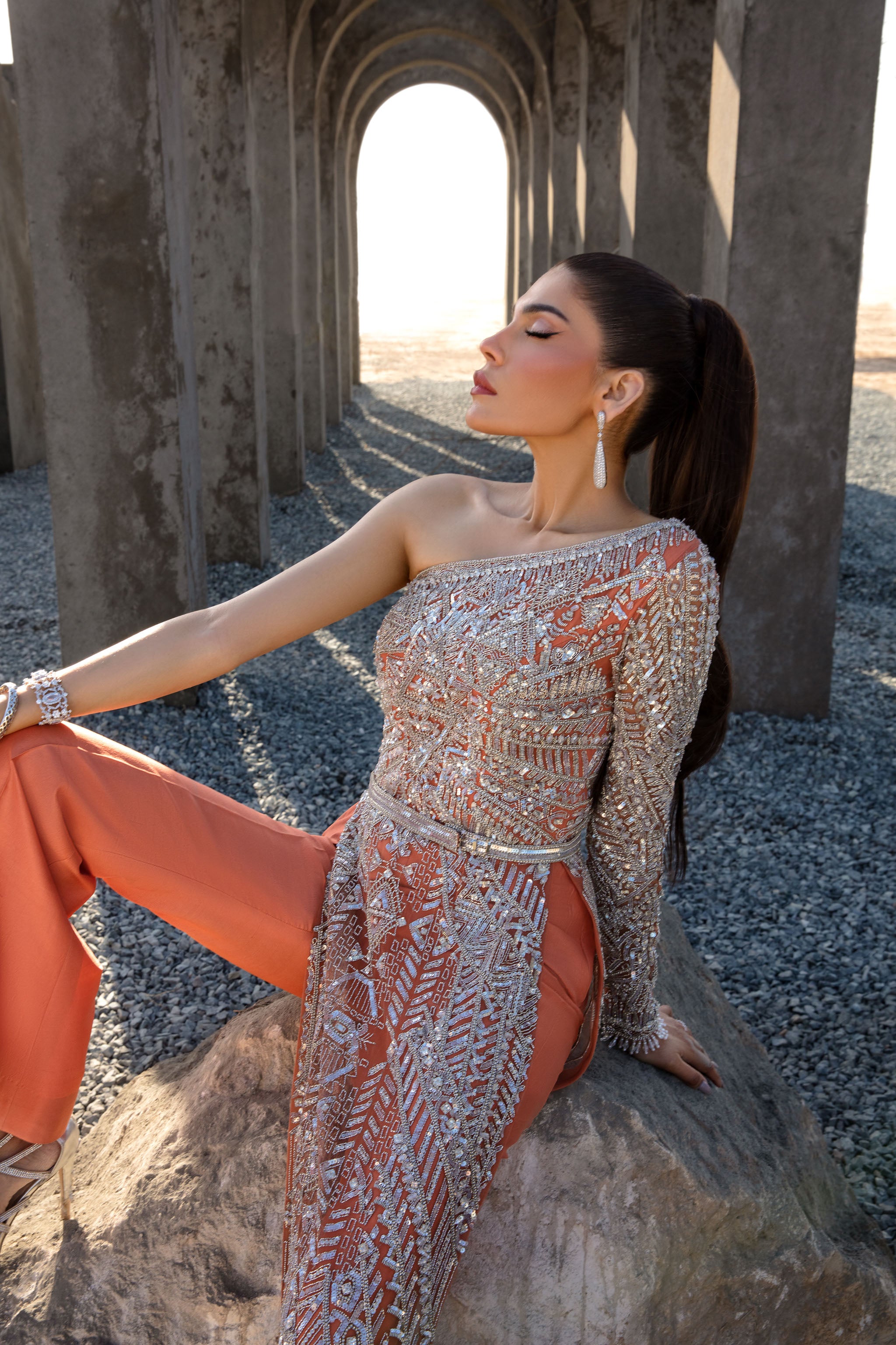 Coral Embellished Net and Raw Silk Gown (2-Piece) - Image 7