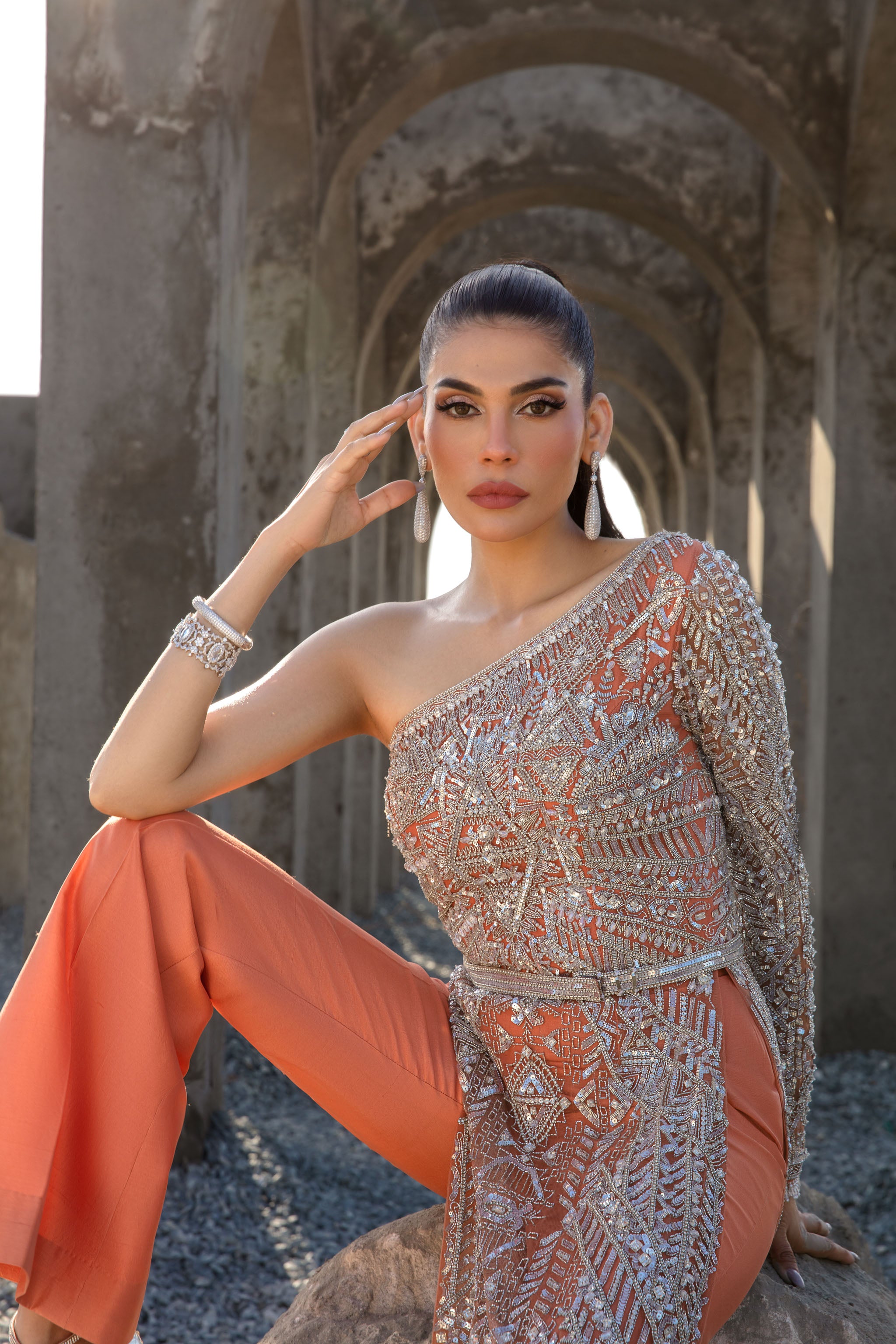 Coral Embellished Net and Raw Silk Gown (2-Piece) - Image 9