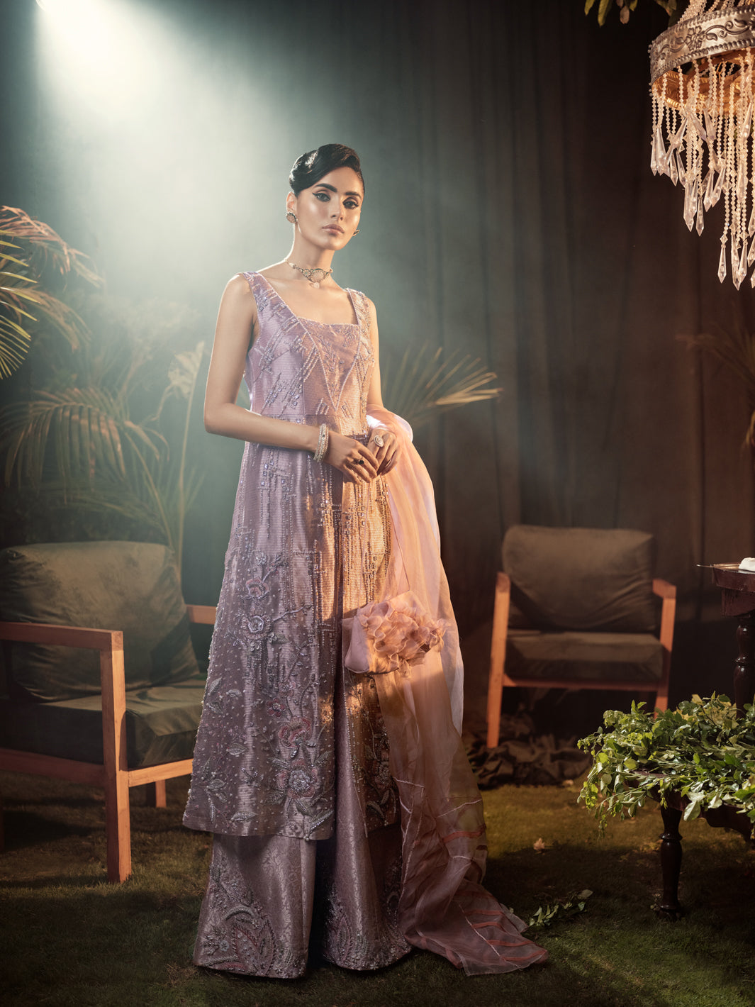 Pakistani Coral Blush Embroidered Tissue Gown (3-Piece) - Image 1